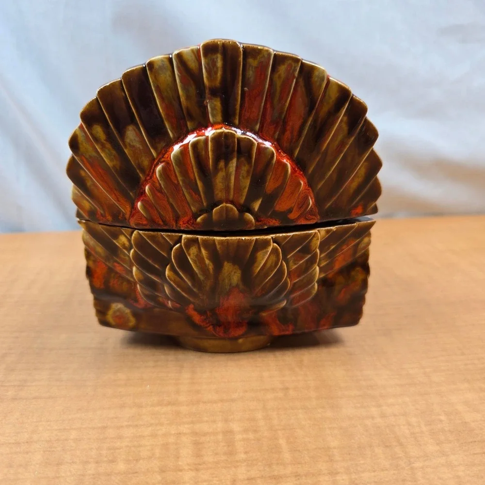 Ceramic Lidded Turkey Dish Candy Bowl Centerpiece Thankgiving Brown Orange VTG